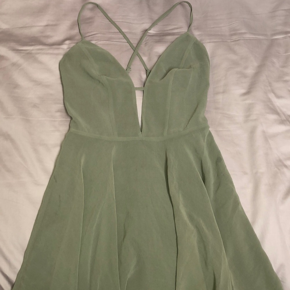 bebe Sage Green Strapless V-Neck Fit & Flare Dress